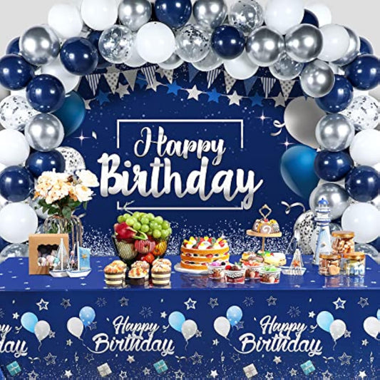 Birthday Party Decorations Confetti Balloons Kit Happy Birthday Photography Backdrop Banner Tablecloths For Boys Girls Men Women Birthday Party Supplies Decor(Navy Blue And Silver)