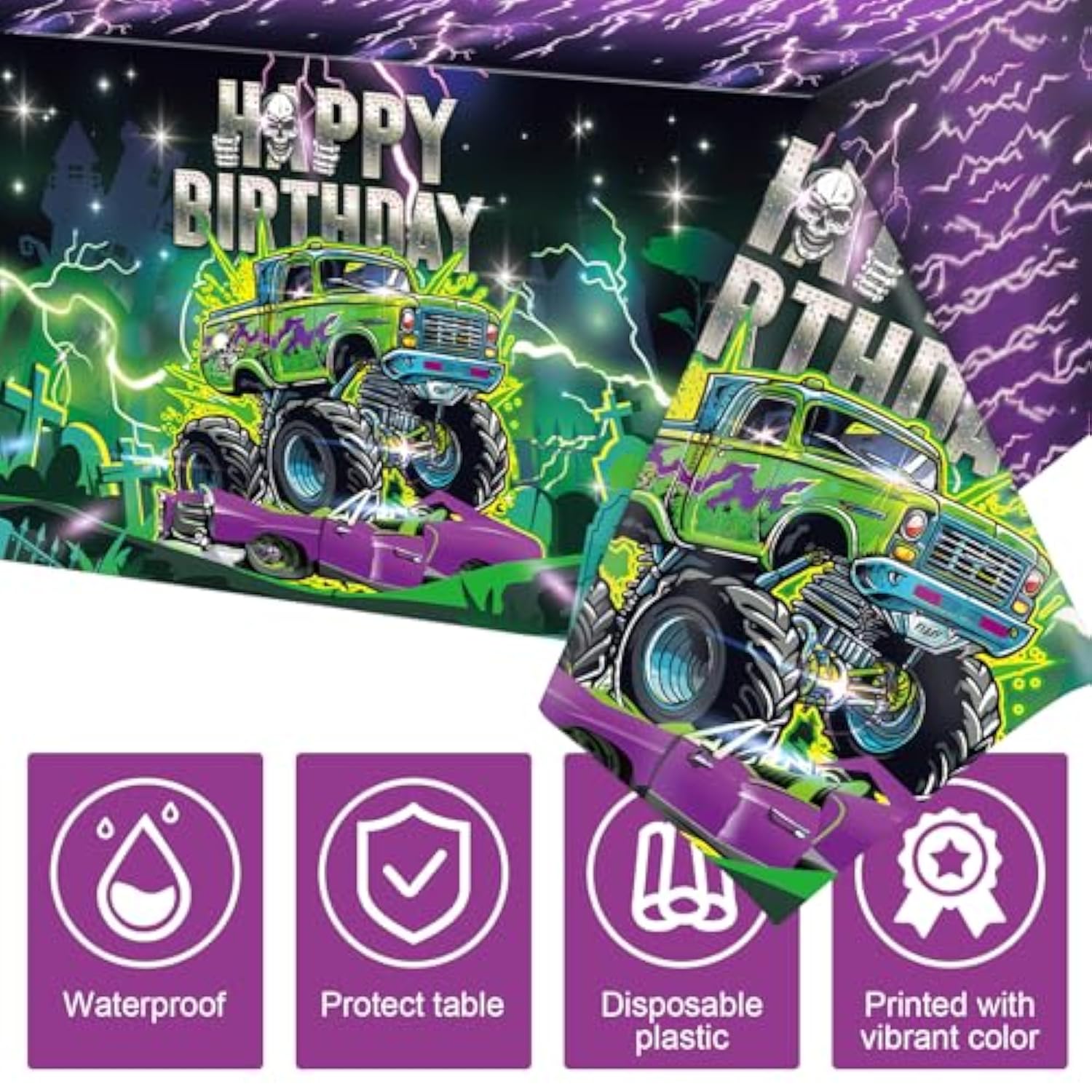 3 Pcs Monster Party Tablecloth Happy Birthday Truck Table Cloth 54 X 108 Inch Plastic Disposable Truck Theme Tablecovers For Rectangle Round Desk Theme Birthday Party Decoration Supplies
