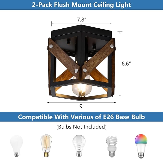 2 Pack Farmhouse Flush Mount Ceiling Lights Rustic Wood and Black Metal Cage Fixtures