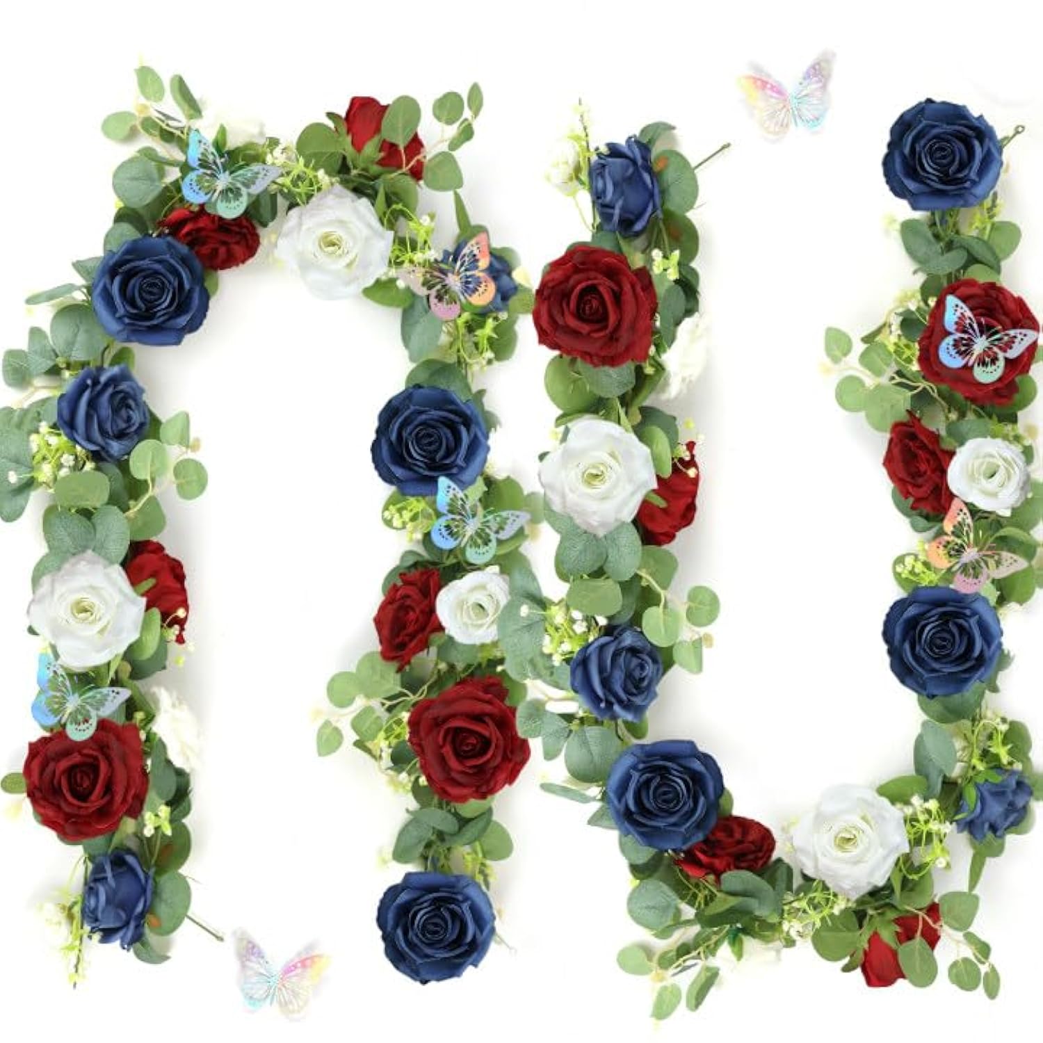 12Ft Artificial Eucalyptus Flower Garland With Butterflies - Pack Of 2 Fake Rose Faux Greenery Eucalyptus Garlands For Wedding Table Backdrop Centerpieces Decorations - Navy Blue & Burgundy& White