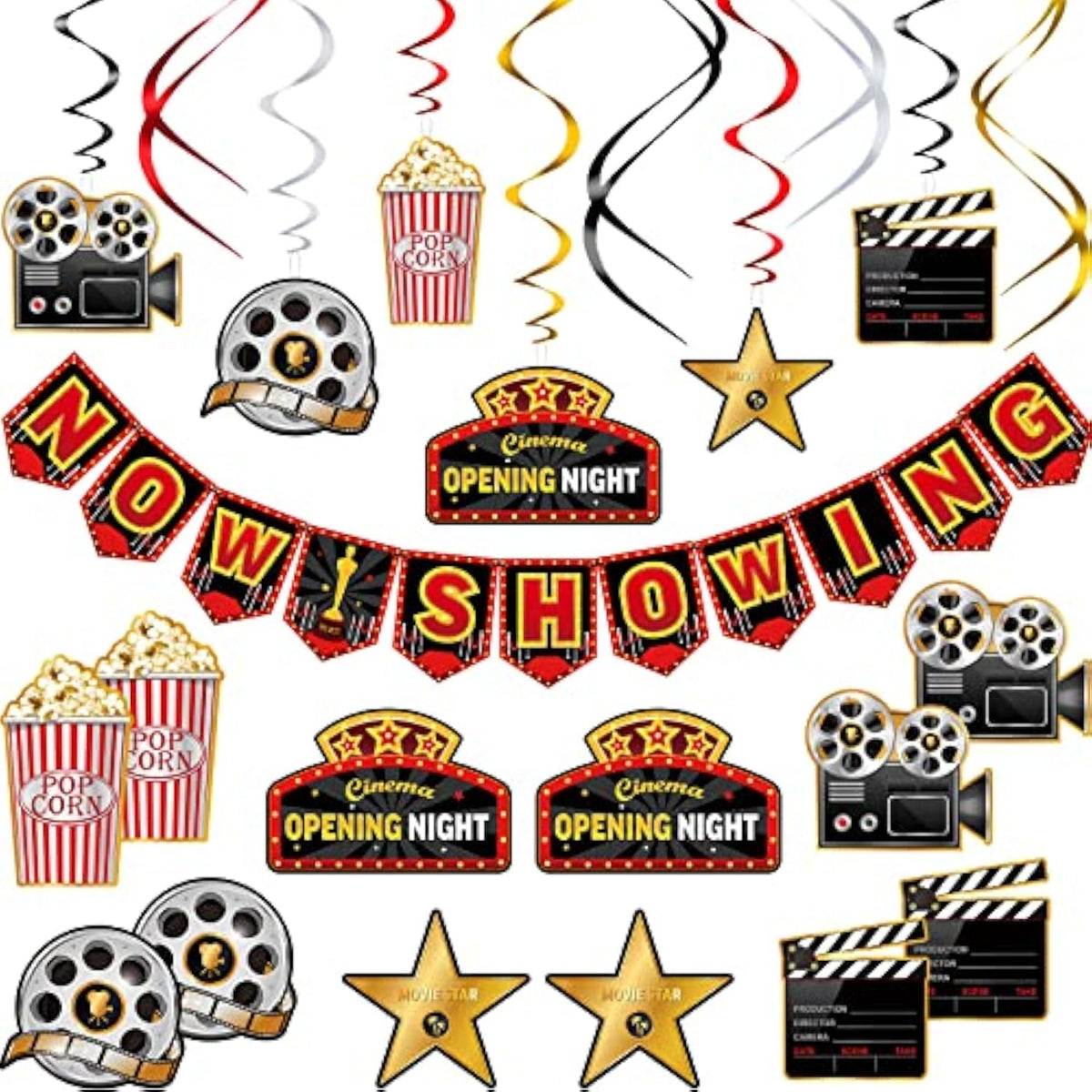 45 Pieces Movie Night Decorations Party Decorations Kit Now Showing Banner Hanging Swirls Movie Theater Themed For Bridal Shower Birthday Party Supplies Film Backdrop