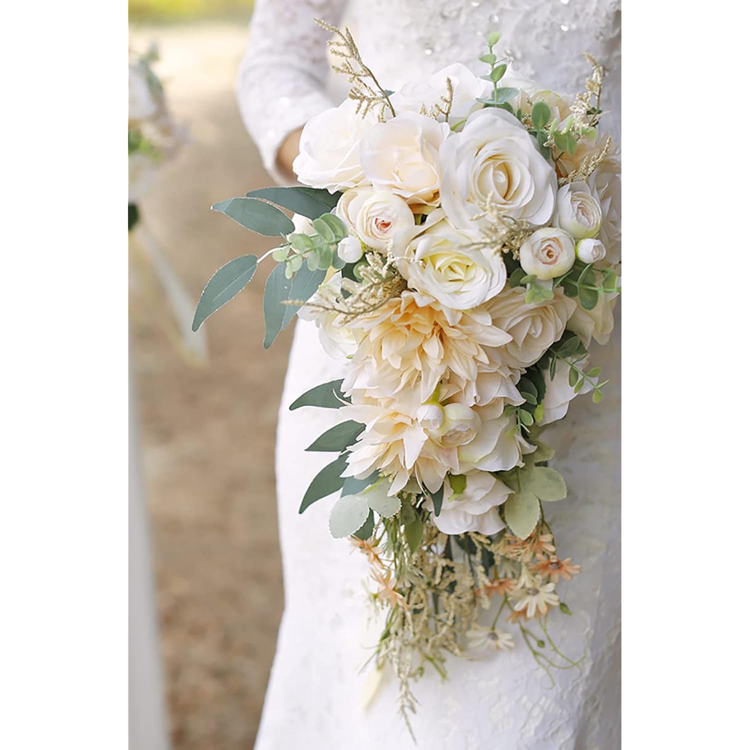 Cascading Bouquets For Bride Beige Rose Artificial Bridal Bouquet For Boho Rustic Wedding Ceremony Anniversary
