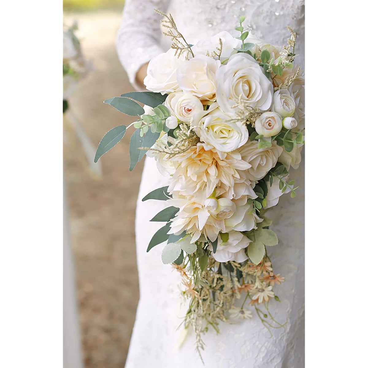 Cascading Bouquets For Bride Beige Rose Artificial Bridal Bouquet For Boho Rustic Wedding Ceremony Anniversary