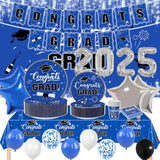 2025 Graduation Party Decorations, 195Pcs Class Of 2025 Decorations Include Congrats Grad Banner, Backdrop, Tablecloth,Ballons,Graduation Paper Plates,Cups And Napkins
