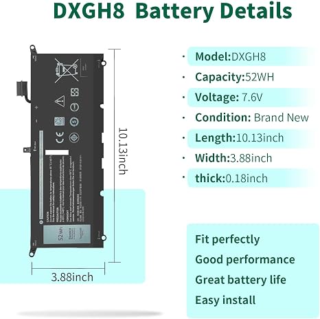 DXGH8 7.6V 52Wh Replacement Battery for Dell XPS 13 9370 9380
