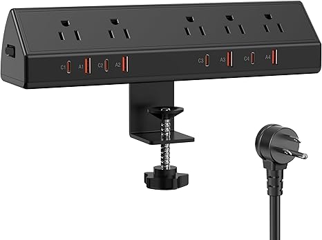 Desk Clamp Power Strip 13 Outlets 4 USB C 65W 10FT Surge Protector 1700J Black