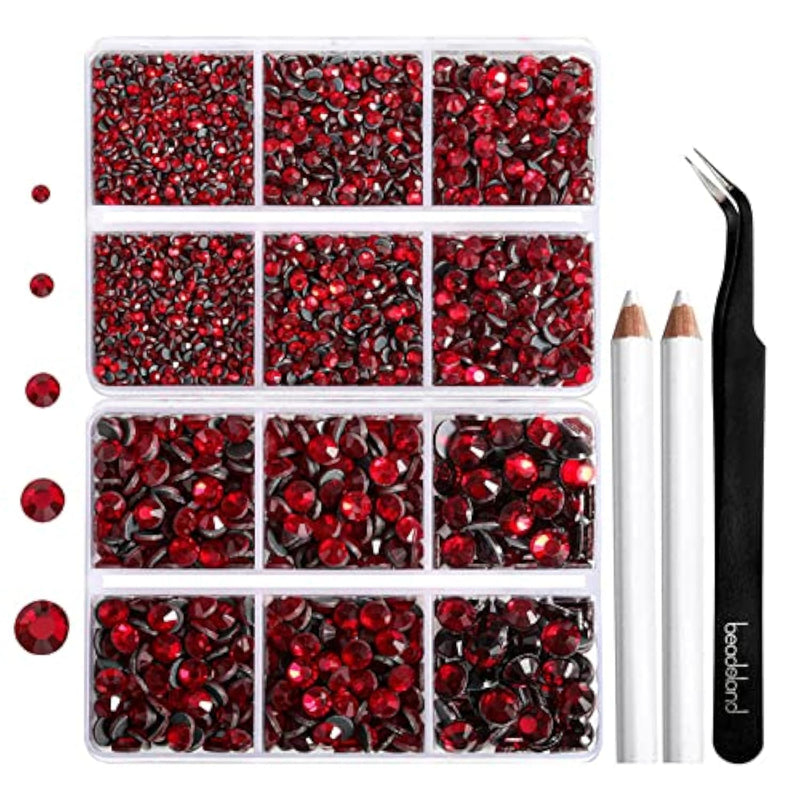 6736Pcs Hotfix Rhinestones Flatback,Red Rhinestones For Crafts Clothes Mixed 5 Sizes, Hotfix Crystals With Tweezers And Wax Pencil Kit, Ss6-Ss30,Siam