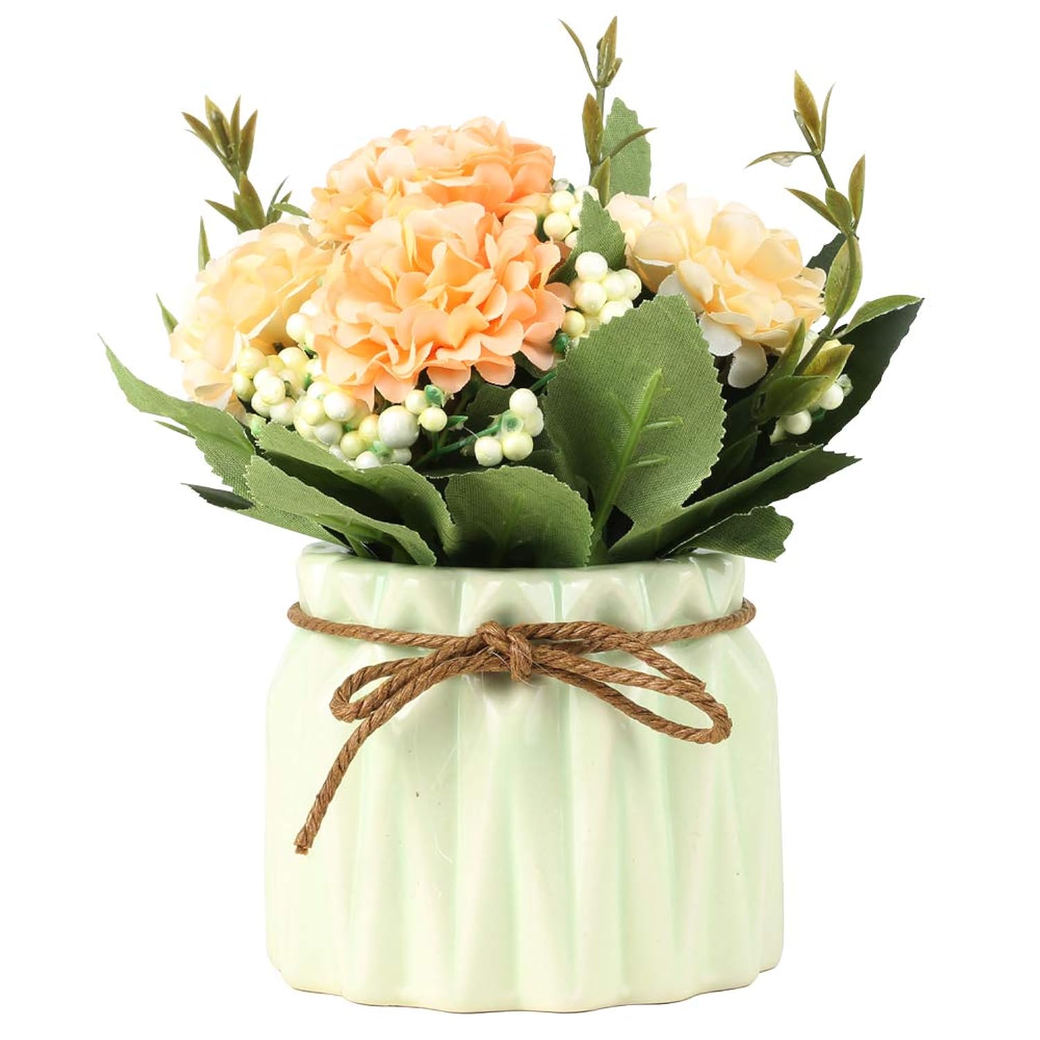 Artificial Hydrangea Bouquet With Small Ceramic Vase Fake Silk Variety Flower Balls Flowers Decoration For Table Home Party Office Wedding (White)