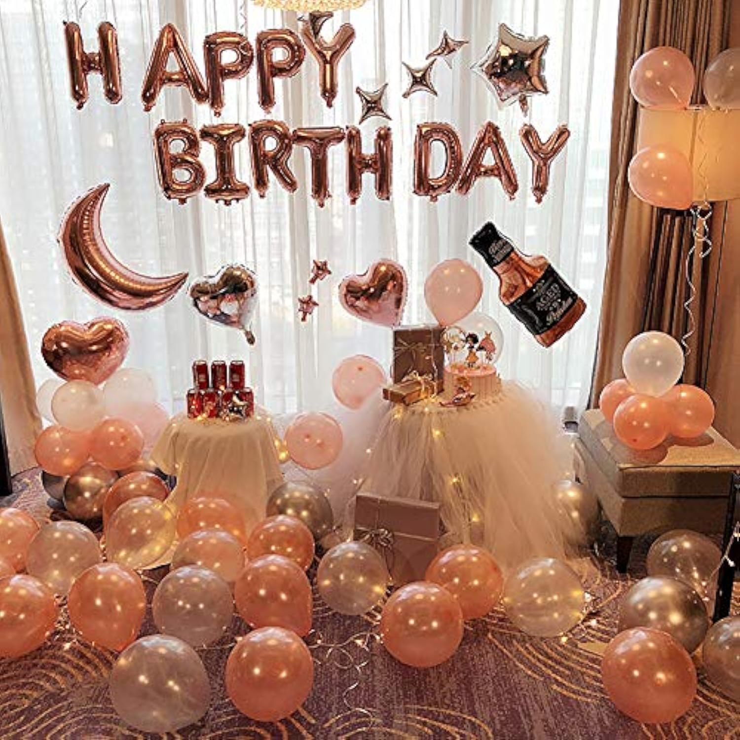 Rose Gold Happy Birthday Balloons Banner, 16 Inch Mylar Foil Letters Balloon Sign For Birthday Party Decorations Photo Booth Backdrop