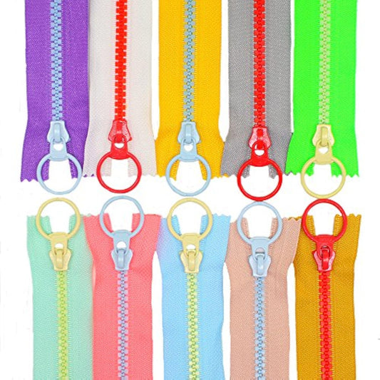 10Pcs 16 Inch (40Cm) #5 Plastic Zippers With Lifting Ring Pull Close E