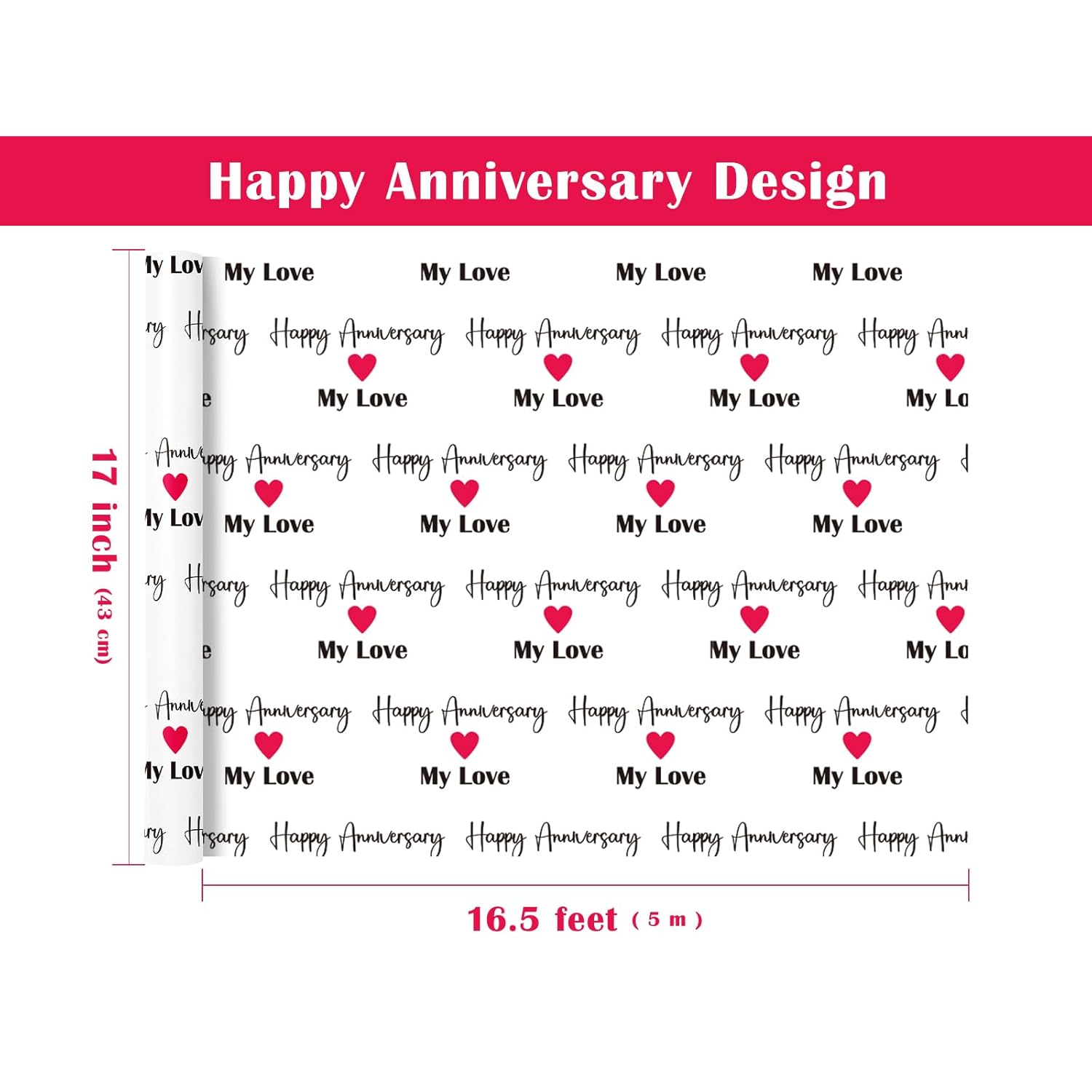 Anniversary Wrapping Paper Roll - Mini Roll - 17 Inch X 16.5 Feet - Happy Anniversary My Love Lettering With Red Love Design, Perfect For Wedding, Bride, Betrothal Party