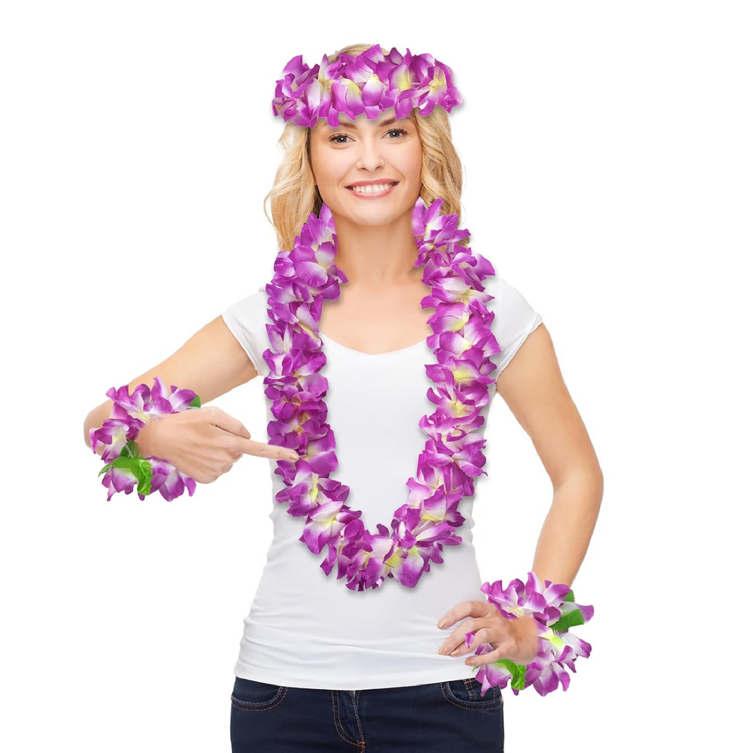4Pcs Hawaiian Flower Leis For Luau Parties - Tropical Party Decorations & Favors, Hawaiian Lei Garland Necklaces For Birthdays, Wedding & Summer Beach Vacations (Purple)