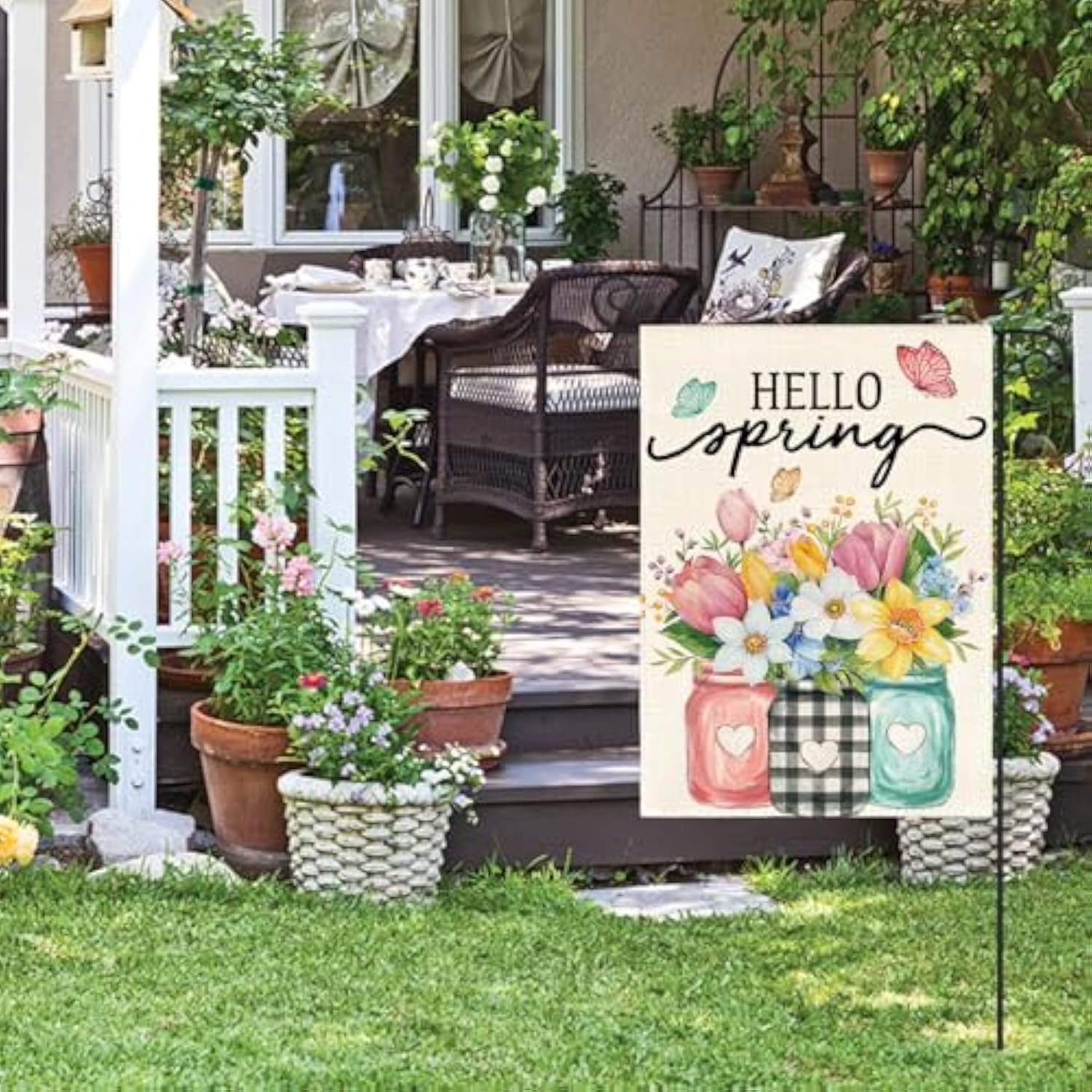 Hello Spring Garden Flag 12X18 Inch Double Sided Outside, Floral Mason Jar Holiday Yard Outdoor Flag