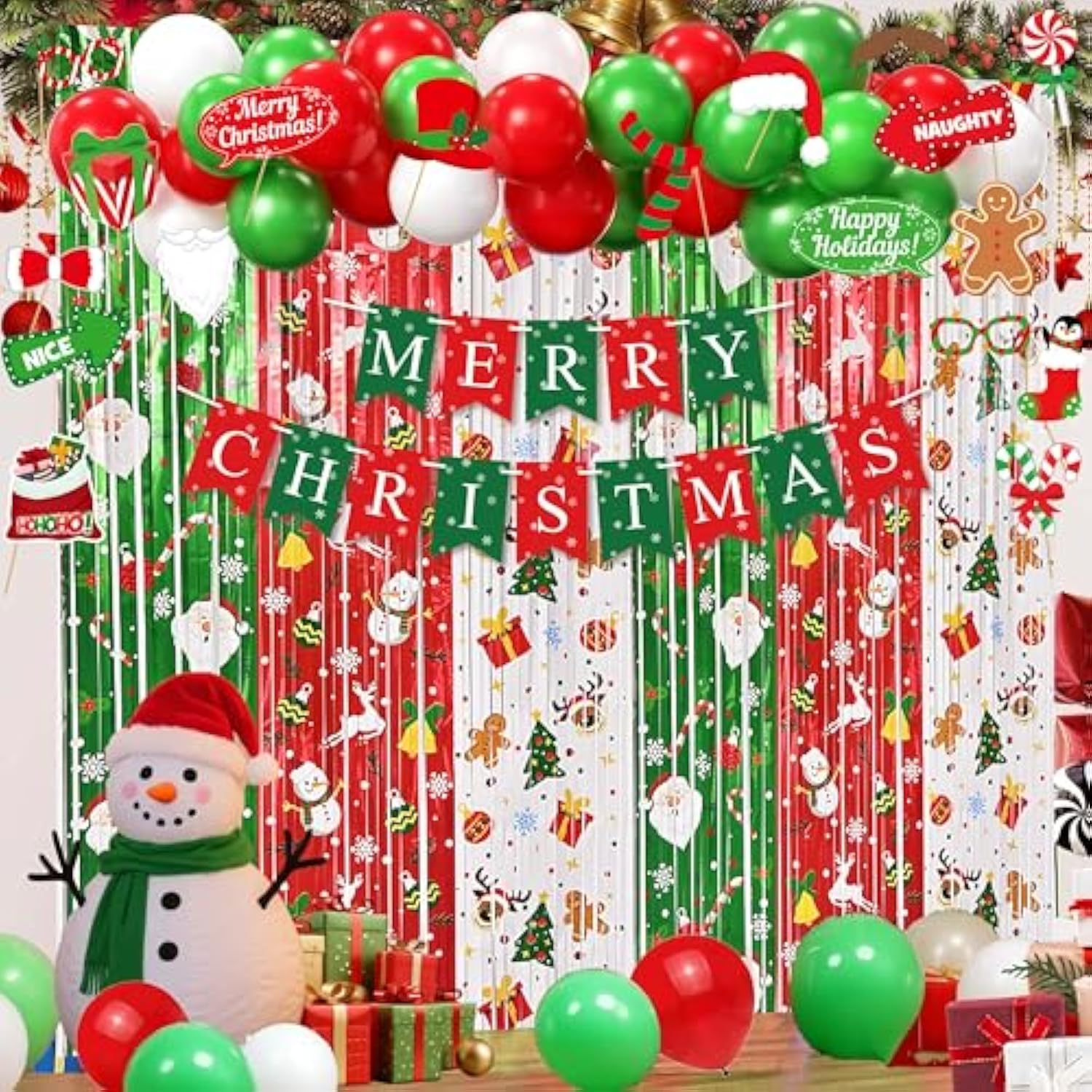 Christmas Party Decorations Set With Merry Christmas Banner, 35 Balloons, 18 Photo Props, 2 Foil Curtains, Red Green White