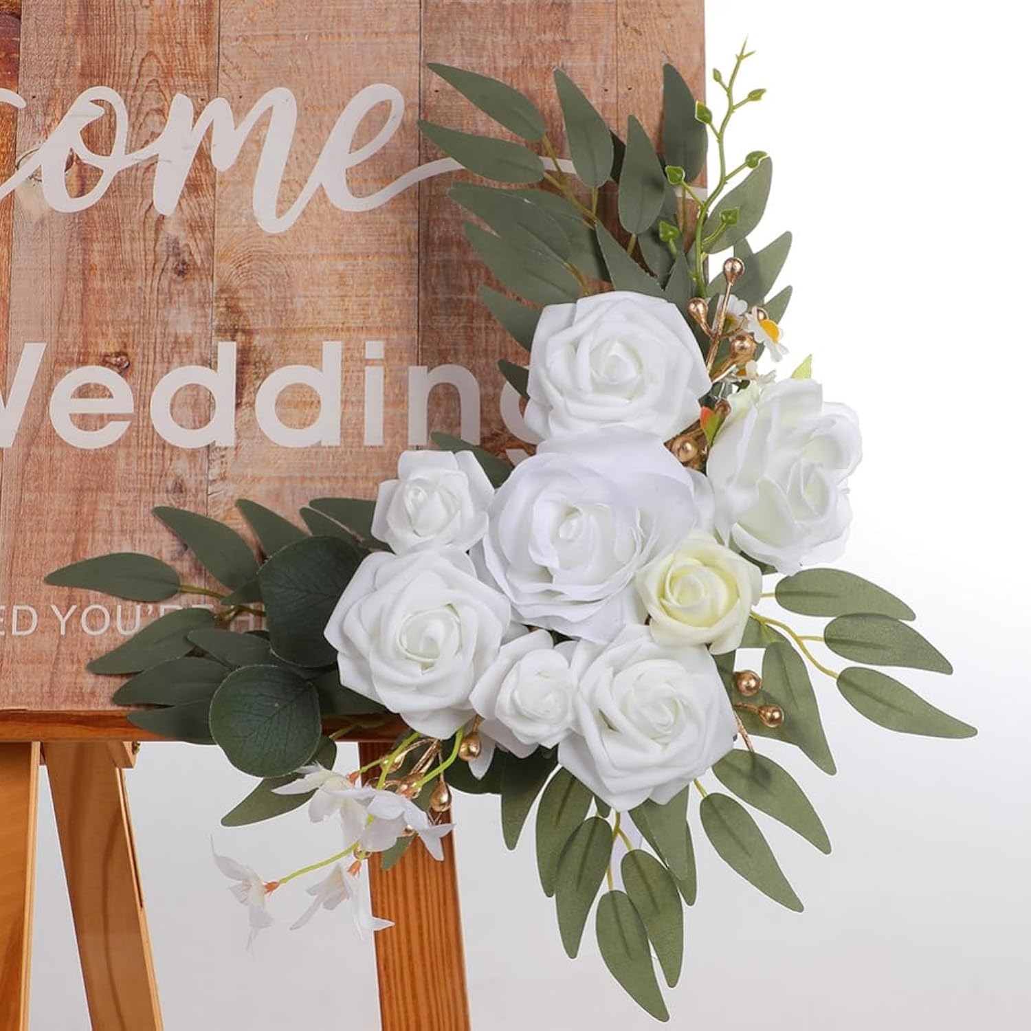 White Artificial Rose Flower Swag (Set Of 2) Floral Swag Flower Arrangement Wedding Arch Welcome Sign Ceremony Anniversary Birthday Party Bridal Shower Backdrop Home Decoration White