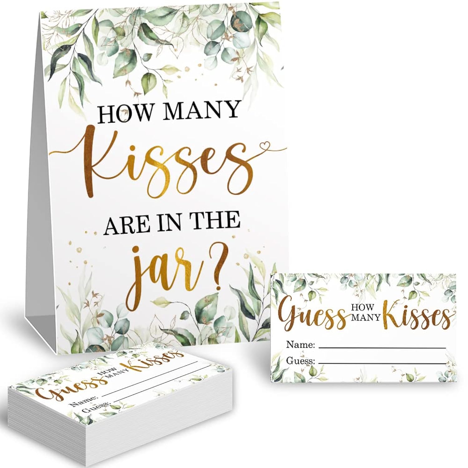 How Many Kisses In The Jar Bridal Shower Game, Wedding Shower Games, Bachelorette Party Night, Eucalyptus Leaf Neutral Party Game Cards, Bridal Party Decorations - 1 Standing Sign And 50 Pcs Cards