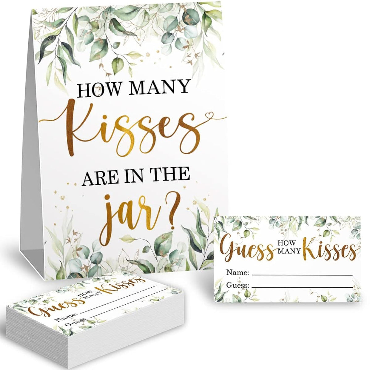 How Many Kisses In The Jar Bridal Shower Game, Wedding Shower Games, Bachelorette Party Night, Eucalyptus Leaf Neutral Party Game Cards, Bridal Party Decorations - 1 Standing Sign And 50 Pcs Cards