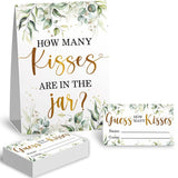 How Many Kisses In The Jar Bridal Shower Game, Wedding Shower Games, Bachelorette Party Night, Eucalyptus Leaf Neutral Party Game Cards, Bridal Party Decorations - 1 Standing Sign And 50 Pcs Cards