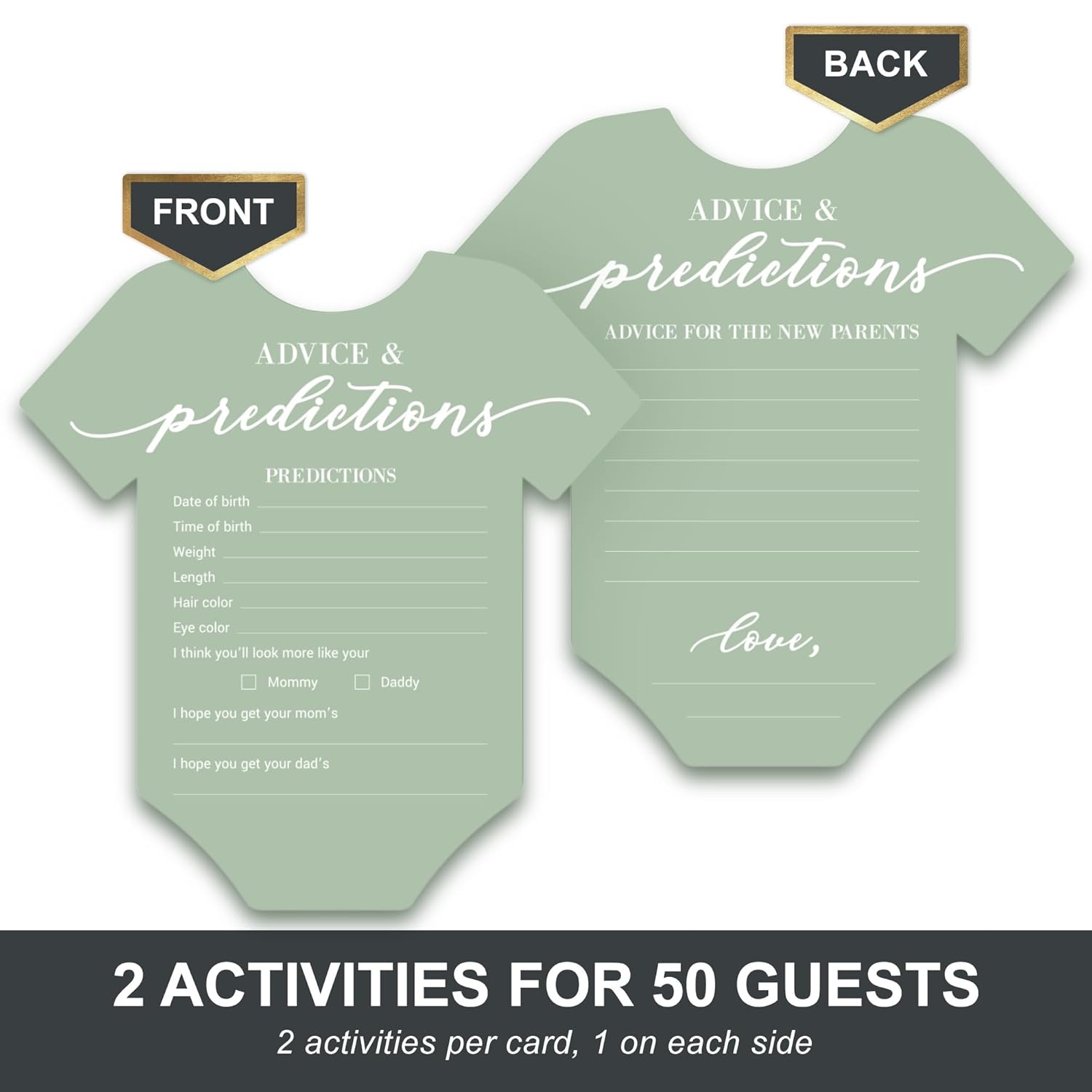 Baby Shower Advice & Prediction Cards - For 50 Guests - Green Onesie Double Sided Advice + Predictions Cards - Minimalist Gender Neutral Baby Shower Decorations & Games For Boys & Girls - (Set Of 50)