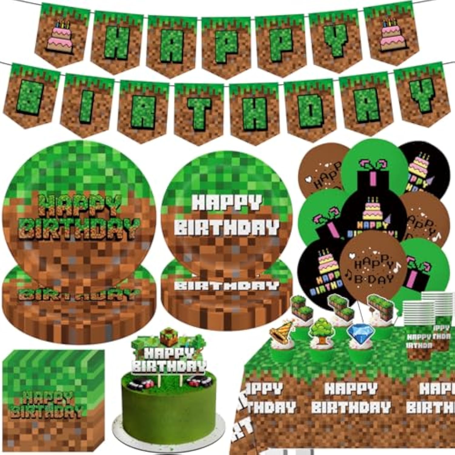 Green And Brown Birthday Party Decorations, 104Pcs Video Game Theme Party Supplies Include Plates, Napkins, Cups, Banner, Balloons, Tablecloth, Cake Toppers And Cupcake Toppers For Party Supplies