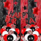 Red And Black Party Decorations With Happy Birthday Balloon Banner, Fringe Curtains, Star Foil Balloons Décor Supplies For Boys Girls 21St 25Th 30Th 35Th 40Th 50Th 60Th 70Th Birthday