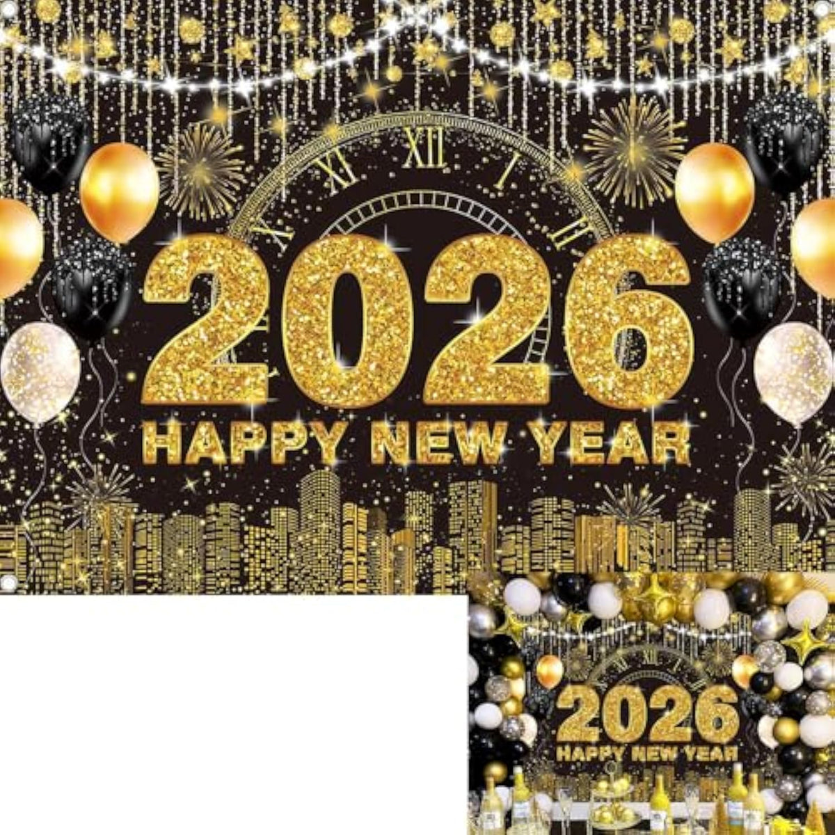 2026 New Year Black Gold Backdrop 7x5 ft for Party and Photo Booth Decor