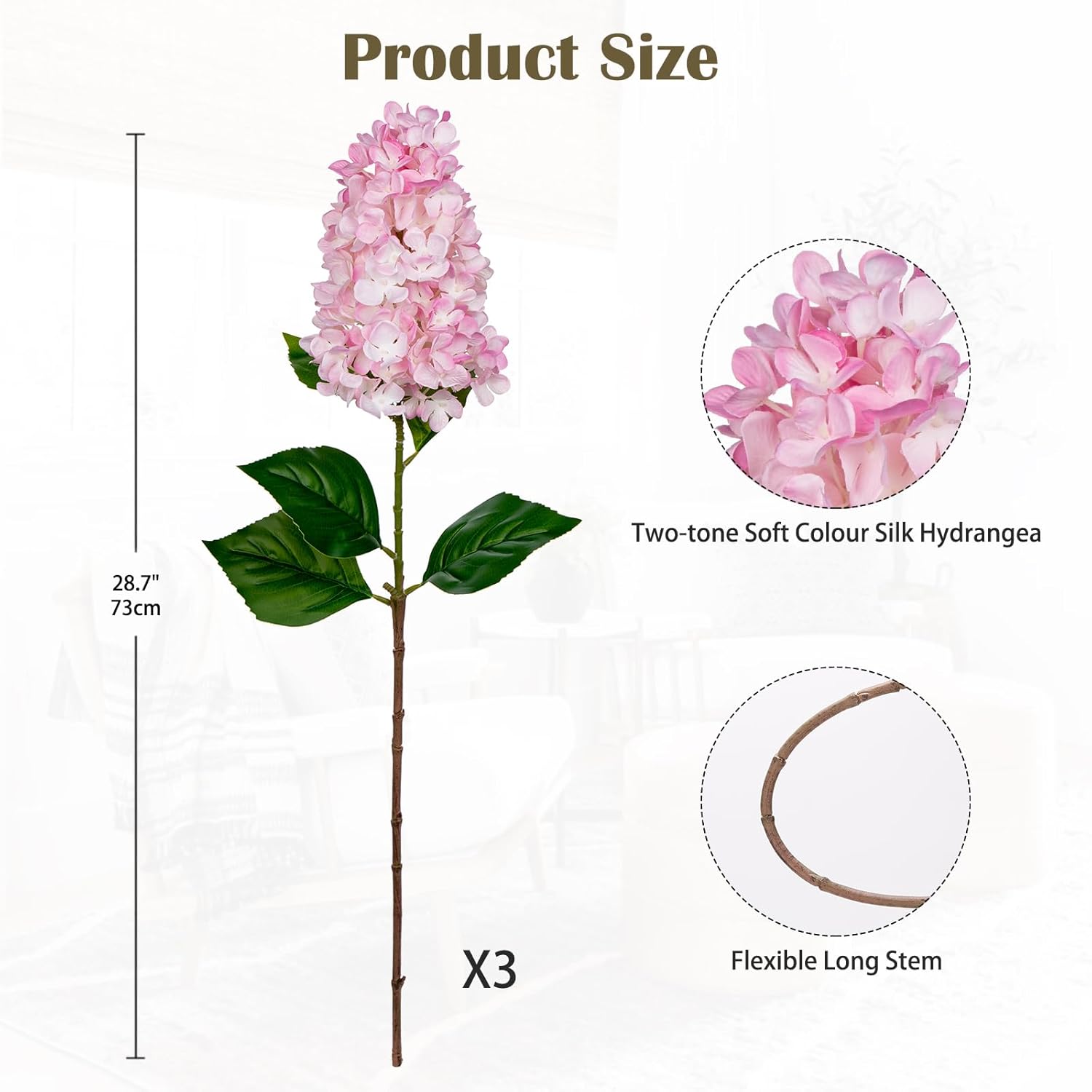 3Pcs Fake Flowers Hydrangea Artificial Flowers 28" Long Stem Pink Faux Flowers For Vase, Real Touch Silk Flowers Décor For Floral Arrangement Home Farmhouse Office Hotel Decoration