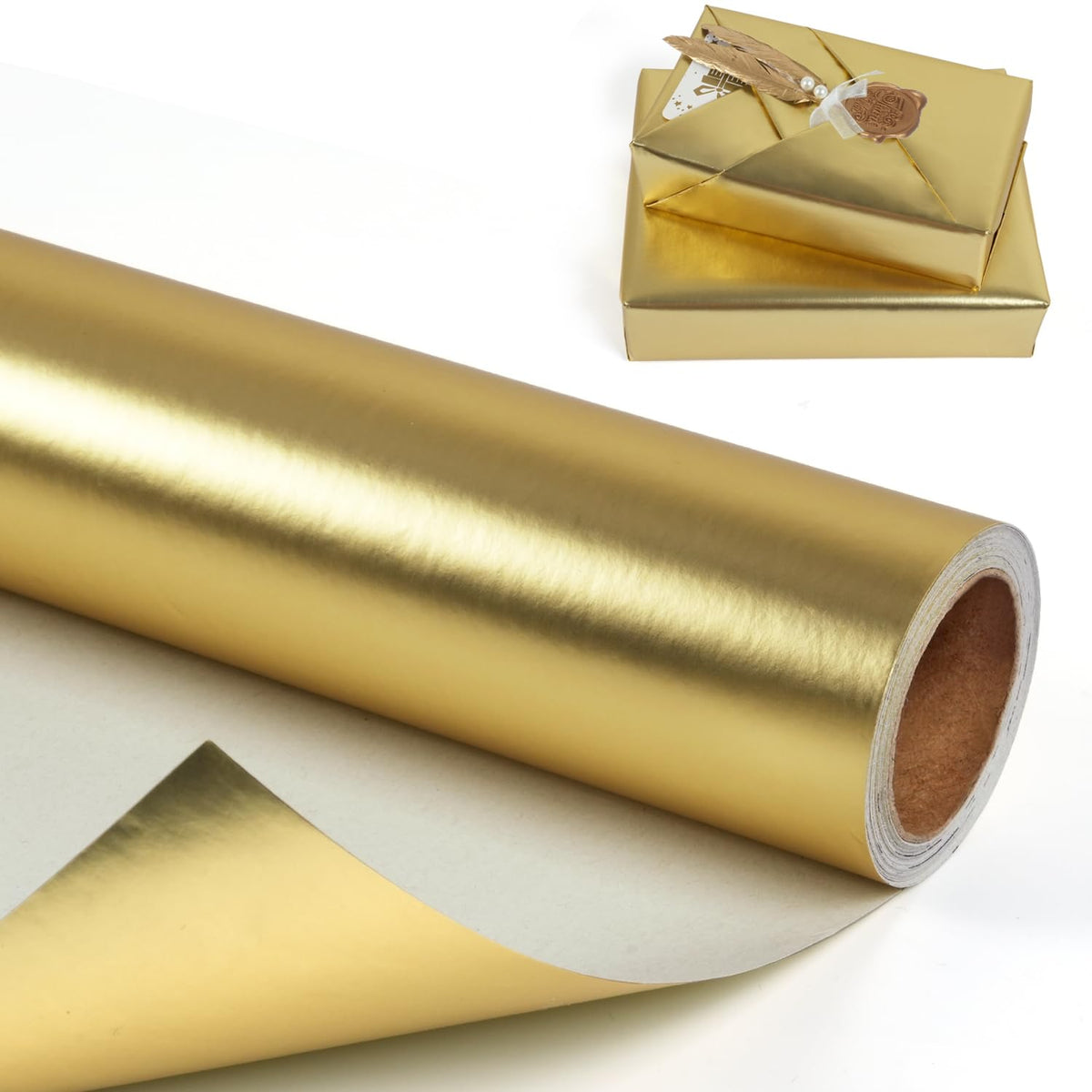 Gold Metallic Wrapping Paper Roll - Matte Solid Color Gift Wrap Paper - Gold Gift Wrapping Paper For Birthday Christmas Wedding Mother'S Day Graduation, 17 Inches X 32.8 Feet