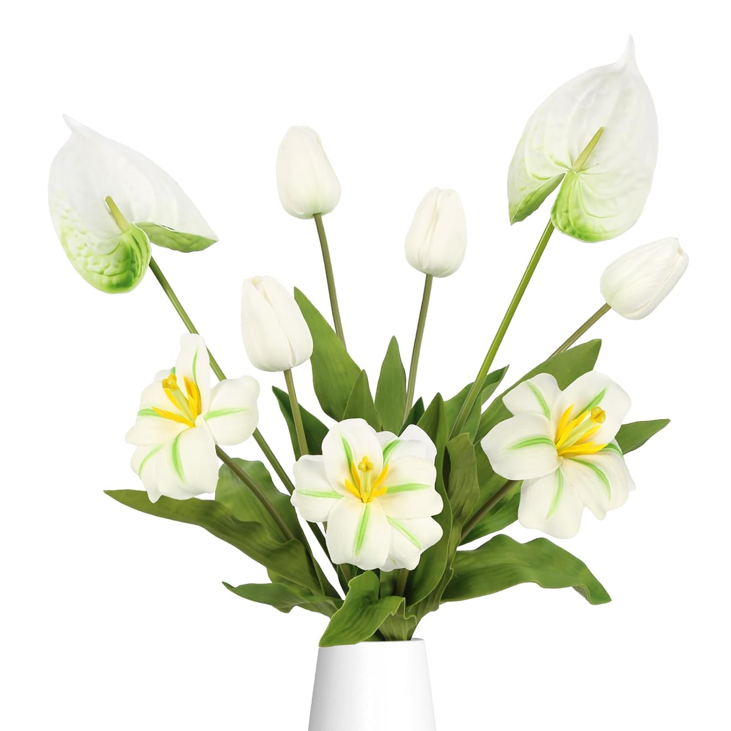 White Fake Tulips Flowers Real Touch Pu Anthurium Artificial Flowers Realistic Faux Combo Bouquet For Wedding Floral Arrangements Valentines Day Mother'S Day Easter Spring Decor(White)