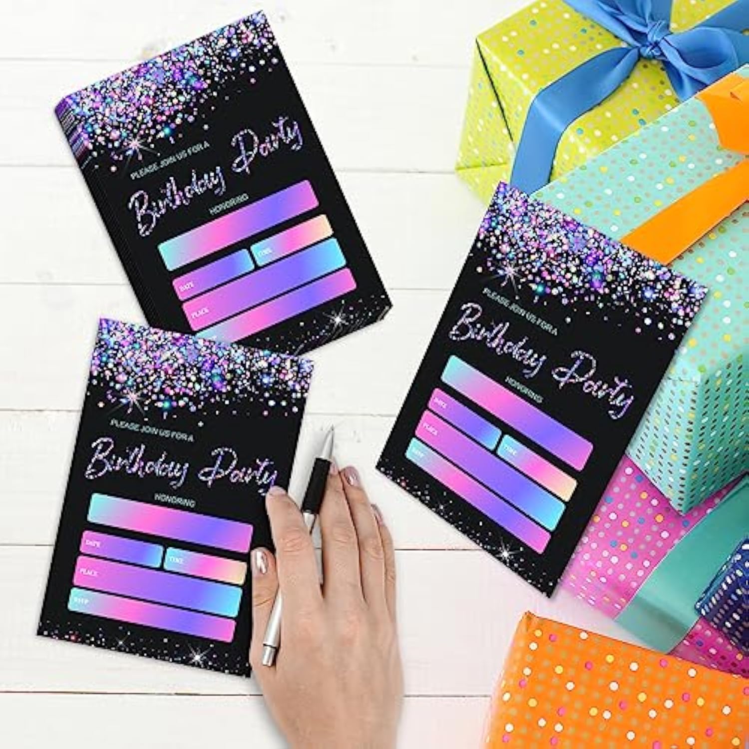 Black And Glitter Birthday Party Invitations Cards With Envelopes, Modern Party Invitations, Birthday Celebration Supplies, Double-Sided Fill-In Bday Invites For Boys Girls - C11