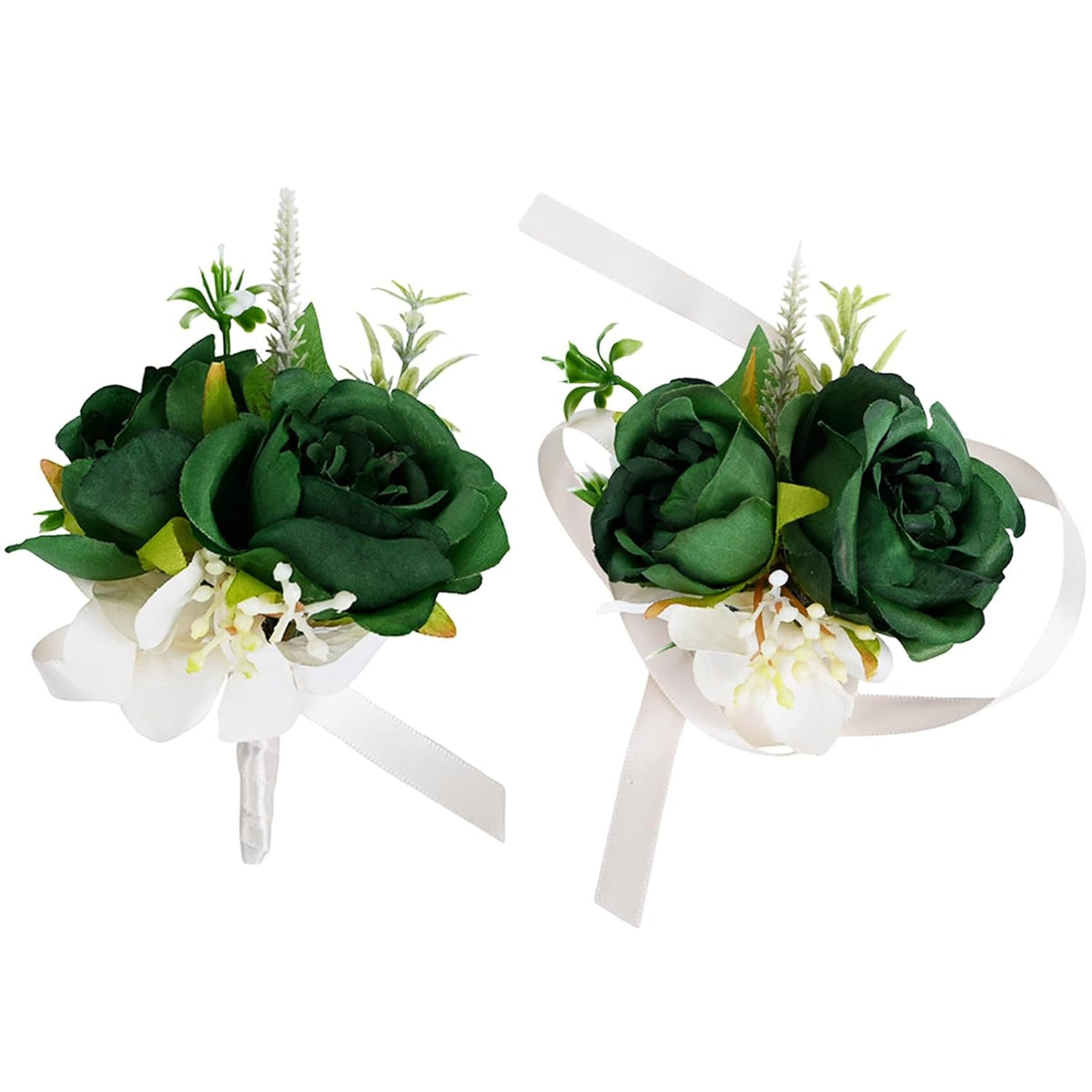 Wrist Corsage And Boutonniere Set Artificial Flowers Accessories For Groom Bride Groomsmen Bridesmaids Wedding Party Prom Suit - Dark Green 2 Pieces