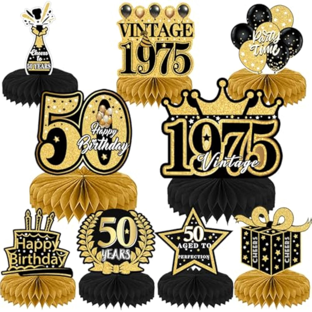 9Pcs Black Gold 50th Birthday Centerpieces – Vintage Table Decorations for Men & Women Party