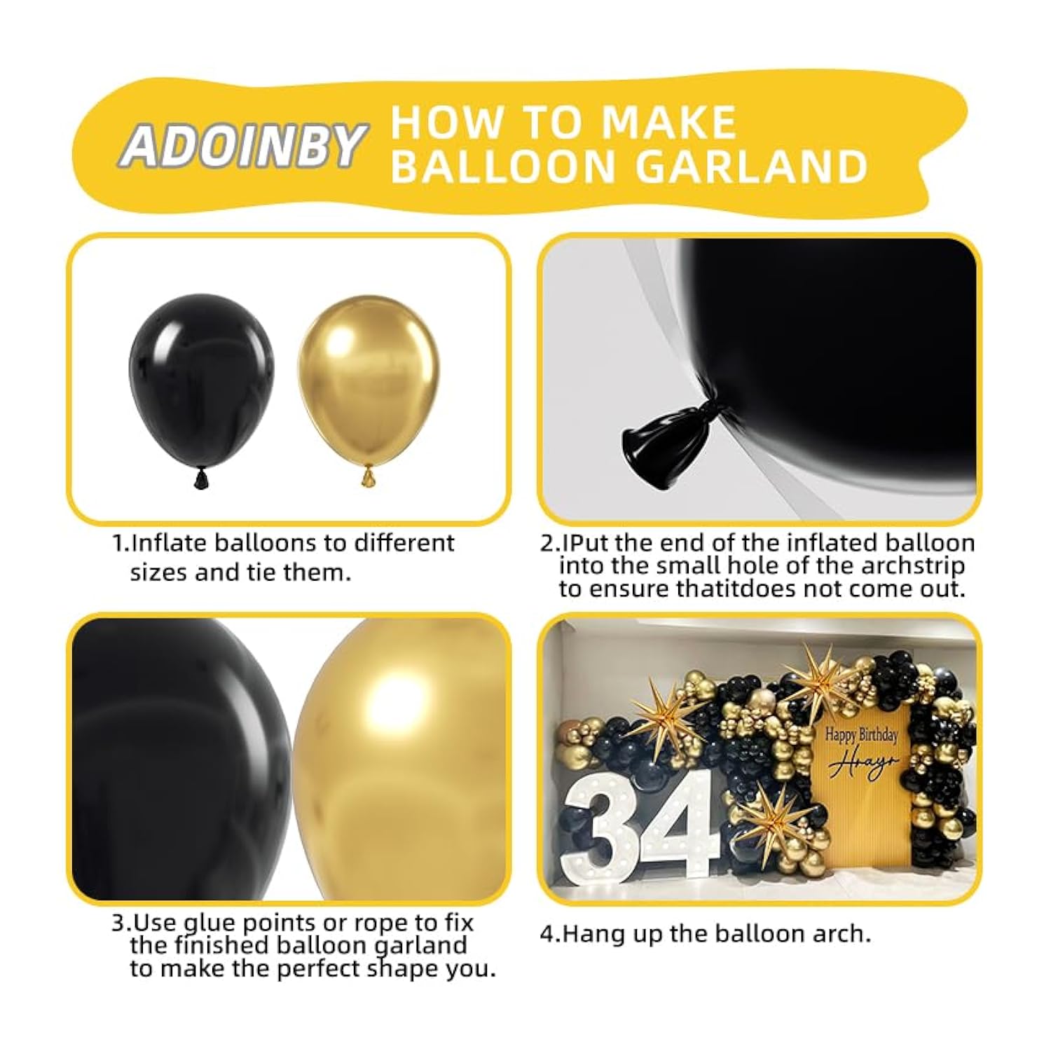 Black and Gold Balloon Garland Kit: Star Balloons, Birthday Party Decor