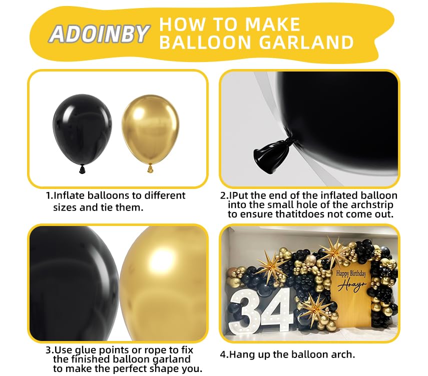 Black and Gold Balloon Arch Kit, 140Pcs Explosion Star Black and Metallic Gold Balloons 22 18 12 10 5 Inch Different Size Balloons for Birthday Anniversary Graduation New Year Decorations