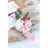 Dusty Rose Wrist Corsage And Boutonniere Set Artificial Light Pink White Rose Flower Wristlet Band Bracelet And Men Boutonniere Set For Wedding Prom Homecoming Party Decor (2Pcs)