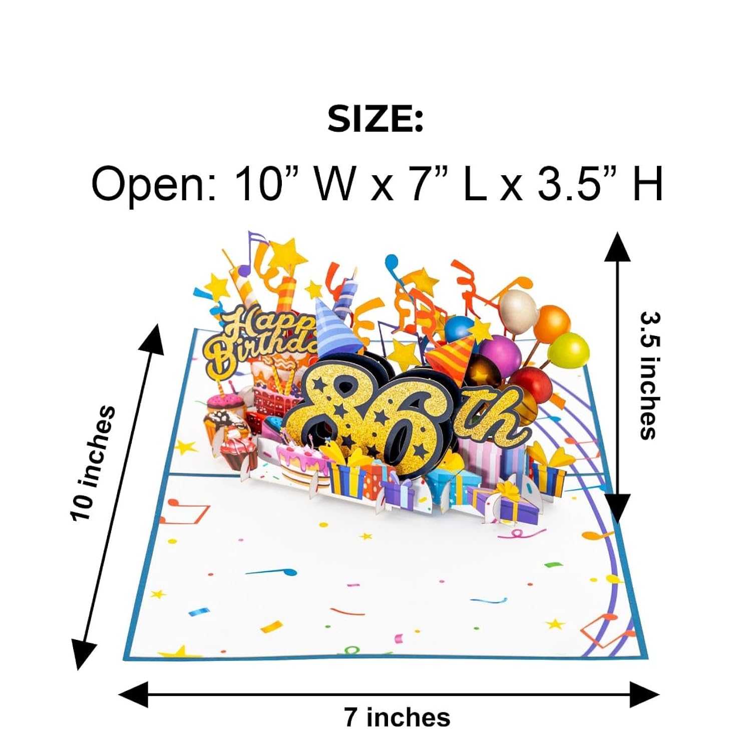 3D Pop Up Happy 86Th Birthday Card – Blue Design With Glitter Numbers, Balloons, Cakes & Gifts – Unique Bday Card For Dad, Mom, Husband, Wife, Man Or Woman – 5" X 7"