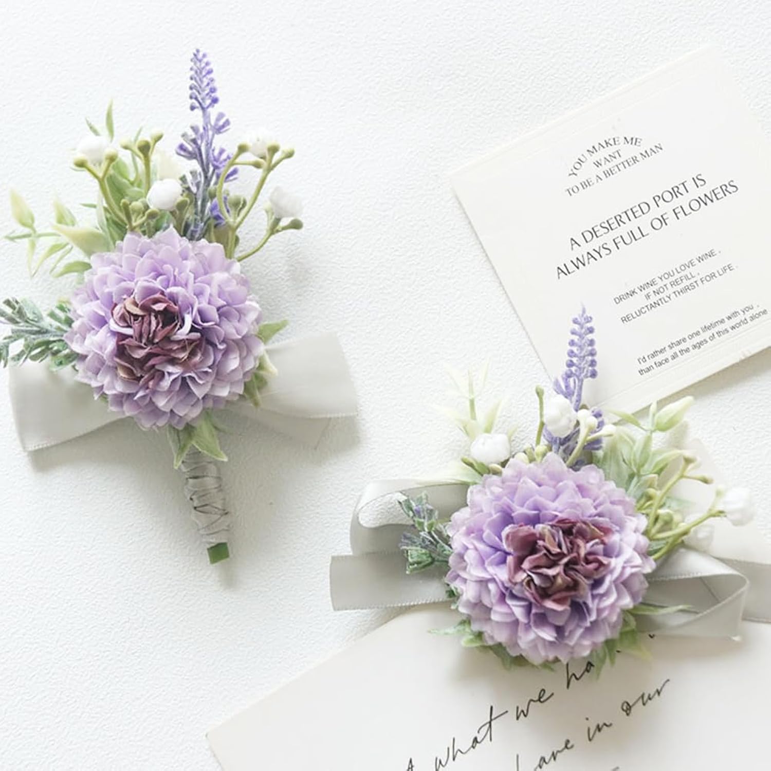 2 Pieces Artificial Wrist Corsage And Boutonniere Set, Groom Groomsmen Bride Bridesmaids Wedding Flowers Accessories Prom Party Suit Decorations - Pale Purple