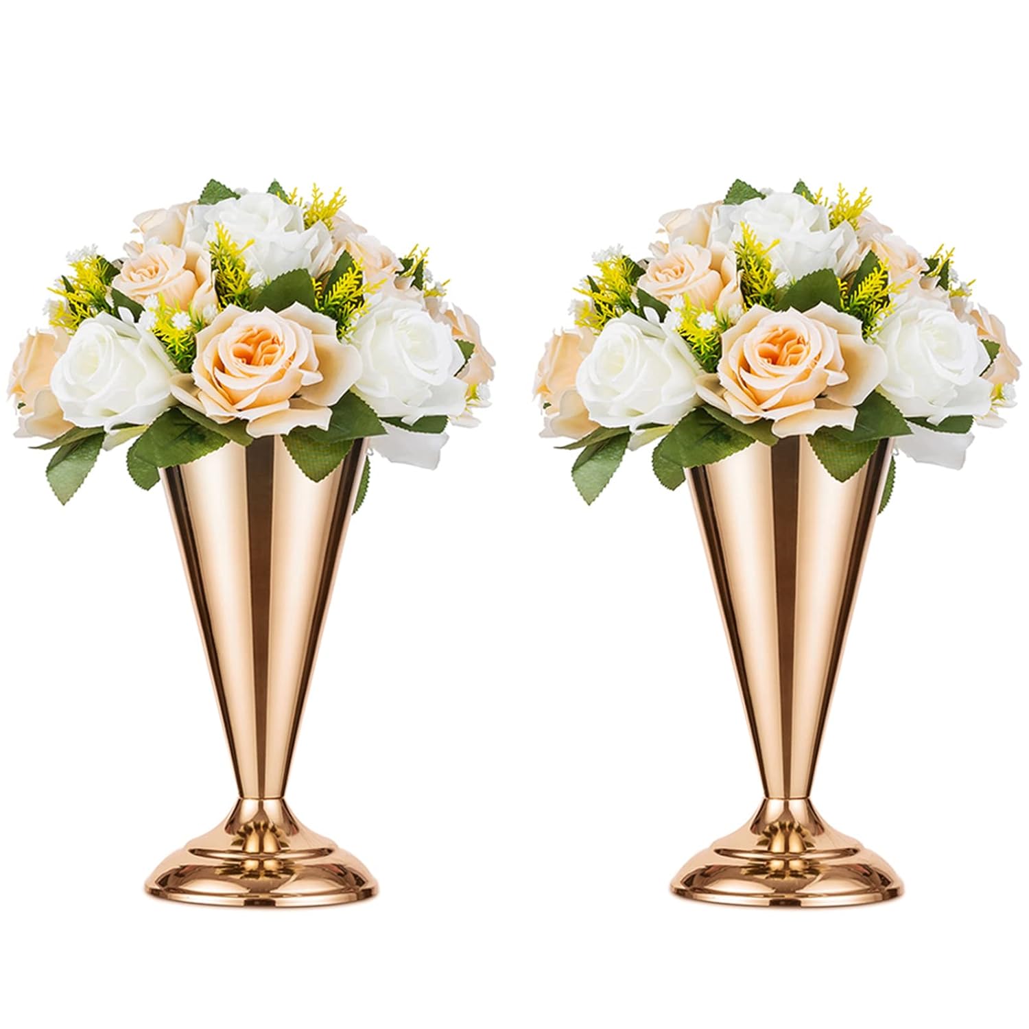 2 Pcs Tabletop Metal Wedding Flower Trumpet Vase, 9.8 Inch Table Decorative Centerpiece, Artificial Flower Arrangements For Anniversary Ceremony Party Birthday Event Aisle Home Decoration (Gold)