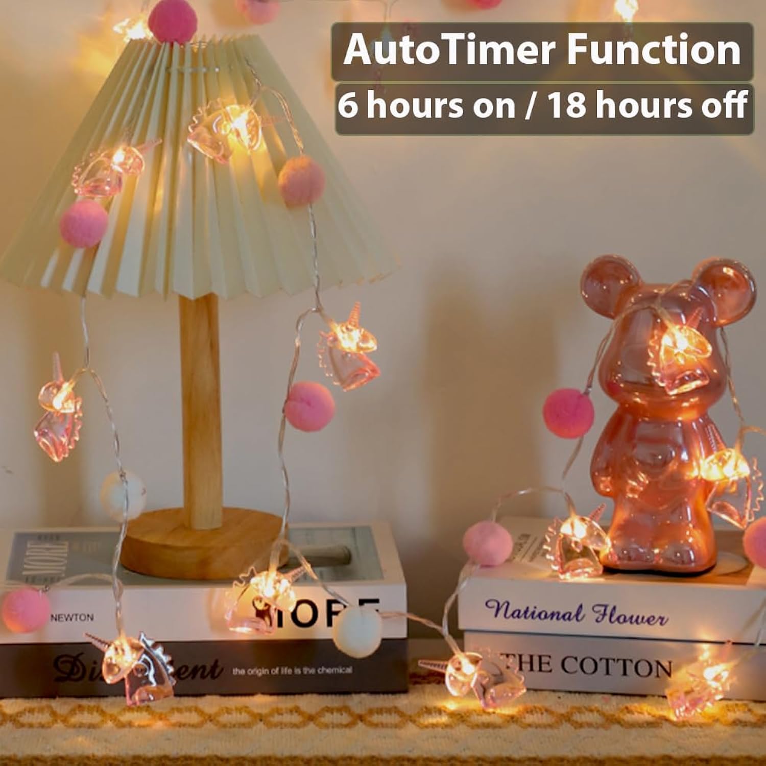 9.85Ft Room Decor String Lights With 20 Cute Pompoms 20 Pink Unicorn Led Lights Battery Operated With Timer For Girls Be
