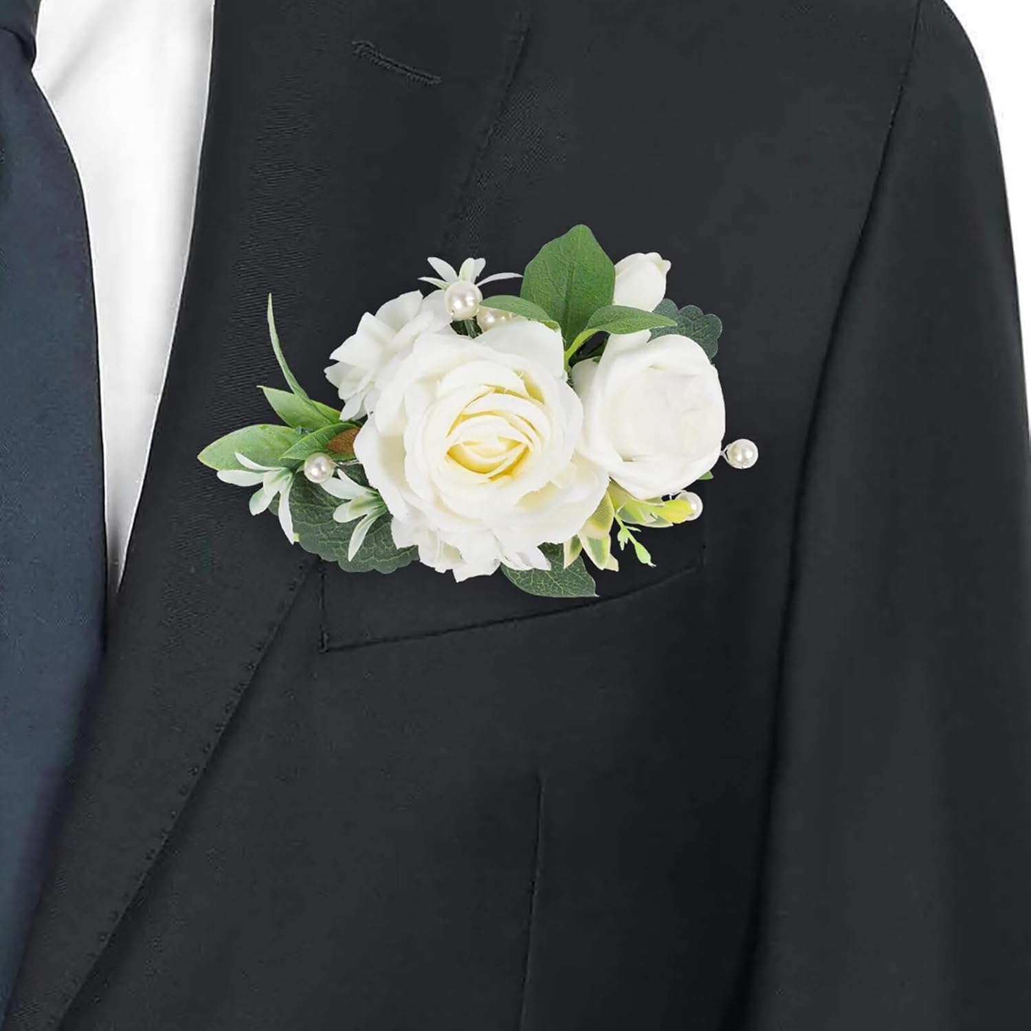 Pocket Boutonniere For Men, White Groom Boutonniere Artificial Flowers Pocket Square Boutonniere For Wedding Ceremony Anniversary, Formal Dinner Party, Prom