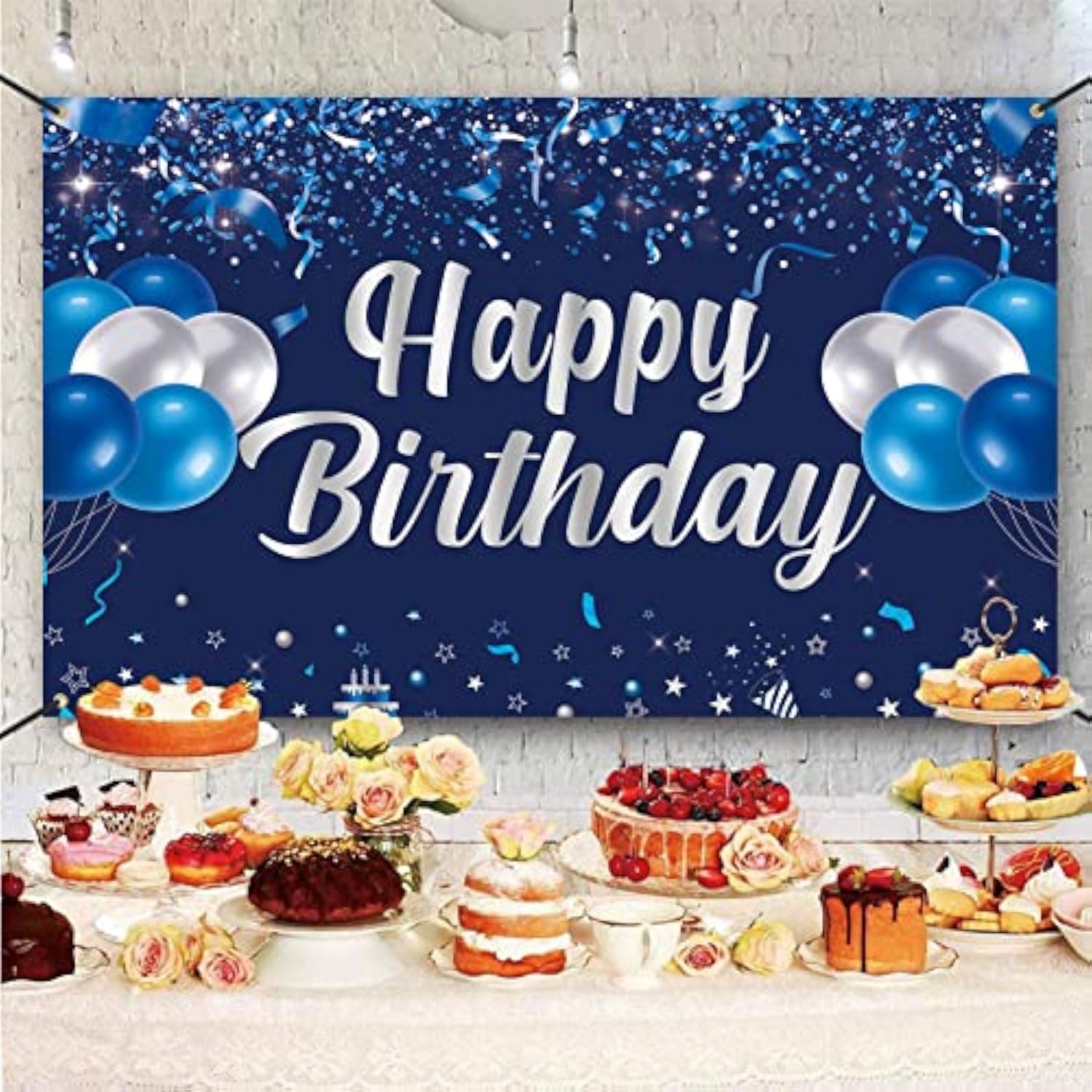 Happy Birthday Banner, Blue & Silver Birthday Party Decorations, Party Supplies For Men, Women & Kids, Photo Background Banner Decor For Indoor & Outdoor