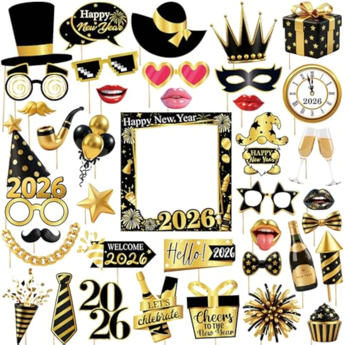 2026 NYE Photo Booth Set with 40 Black and Gold Props for Party Decor