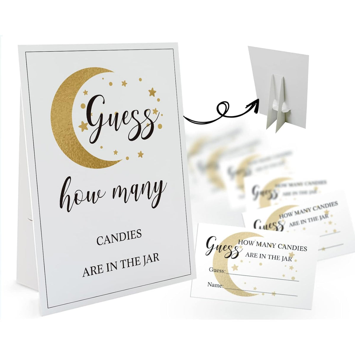 Candy Guessing Game Cards-1 Sign 8X11" And 50 Cards, Golden Moon How Many Game Sign, For Boys Girls Birthday Party, Baby Shower, Party Games Activities And Decorations 06