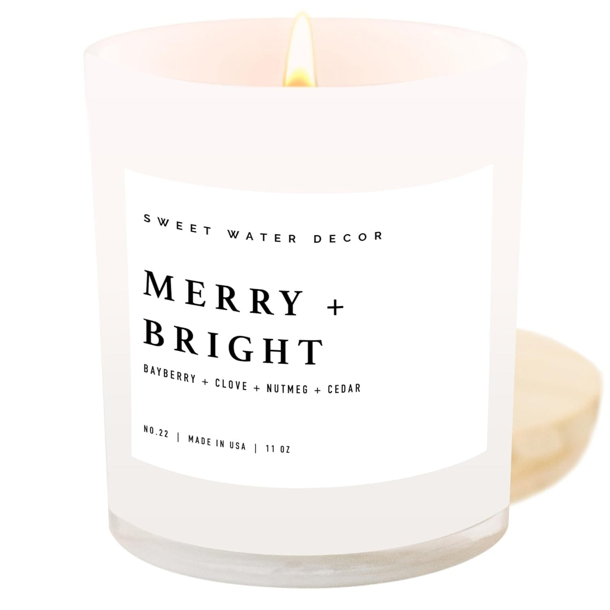 Merry And Bright Soy Christmas Candle - Bayberry, Clove, Nutmeg, And Cedar Scented Holiday Candles For Home - 11Oz White Jar + Wood Lid, 50+ Hour Burn Time, Made In The Usa