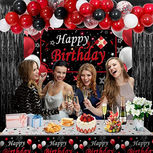 Red And Black Birthday Decorations For Men Women, Happy Birthday Decorations Fo Boys Girls Party Decoration Backdrop & Tablecloth Balloons Arch Kit Confetti Balloons Foil Fringe Curtains Table Cover