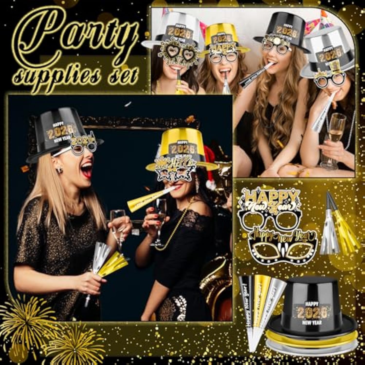 62pcs 2026 New Year Party Supplies Hats Glasses Trumpets Necklaces Stickers