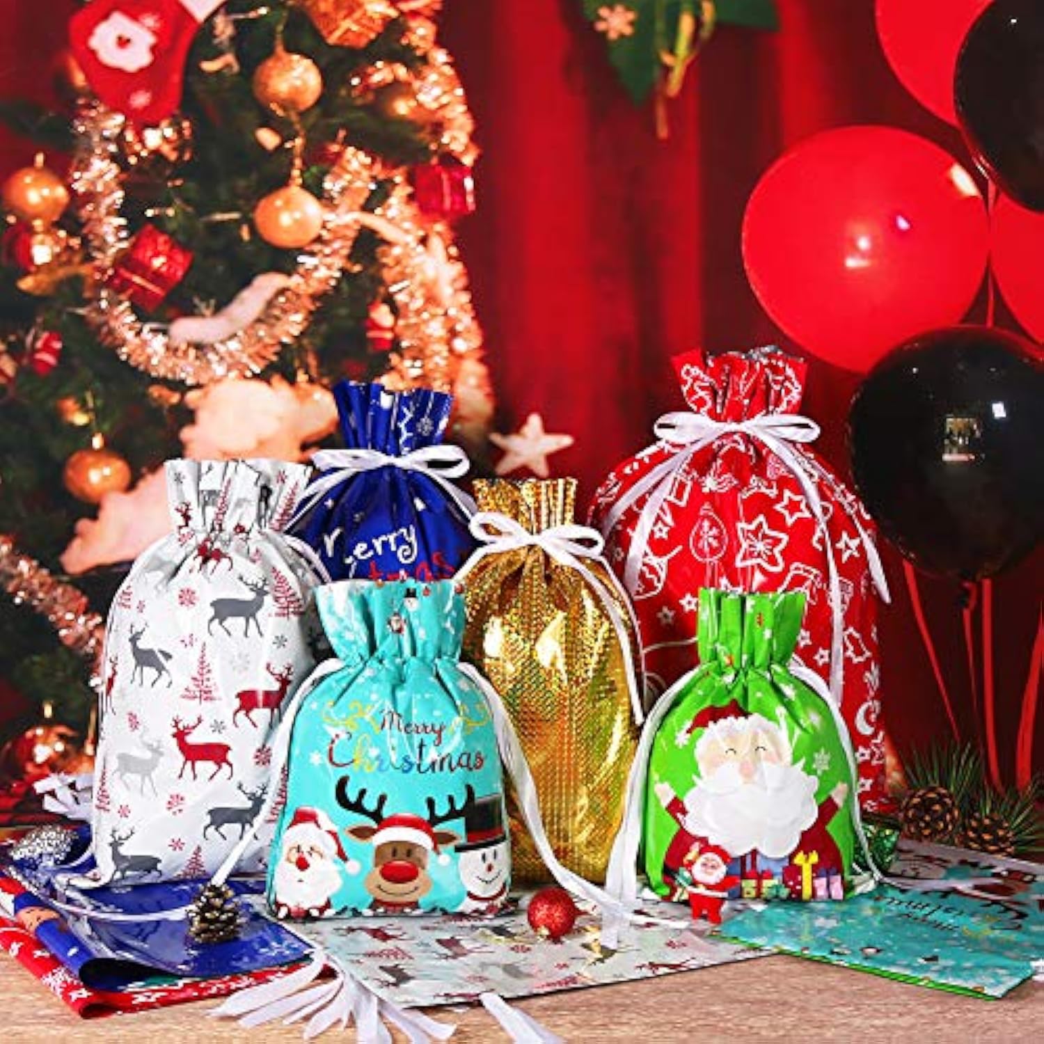 Holiday Drawstring Gift Bags, 30Pcs Christmas Foil Gift Wrapping Sacks Pouches For Xmas Presents Party Favor (Large Medium Small)