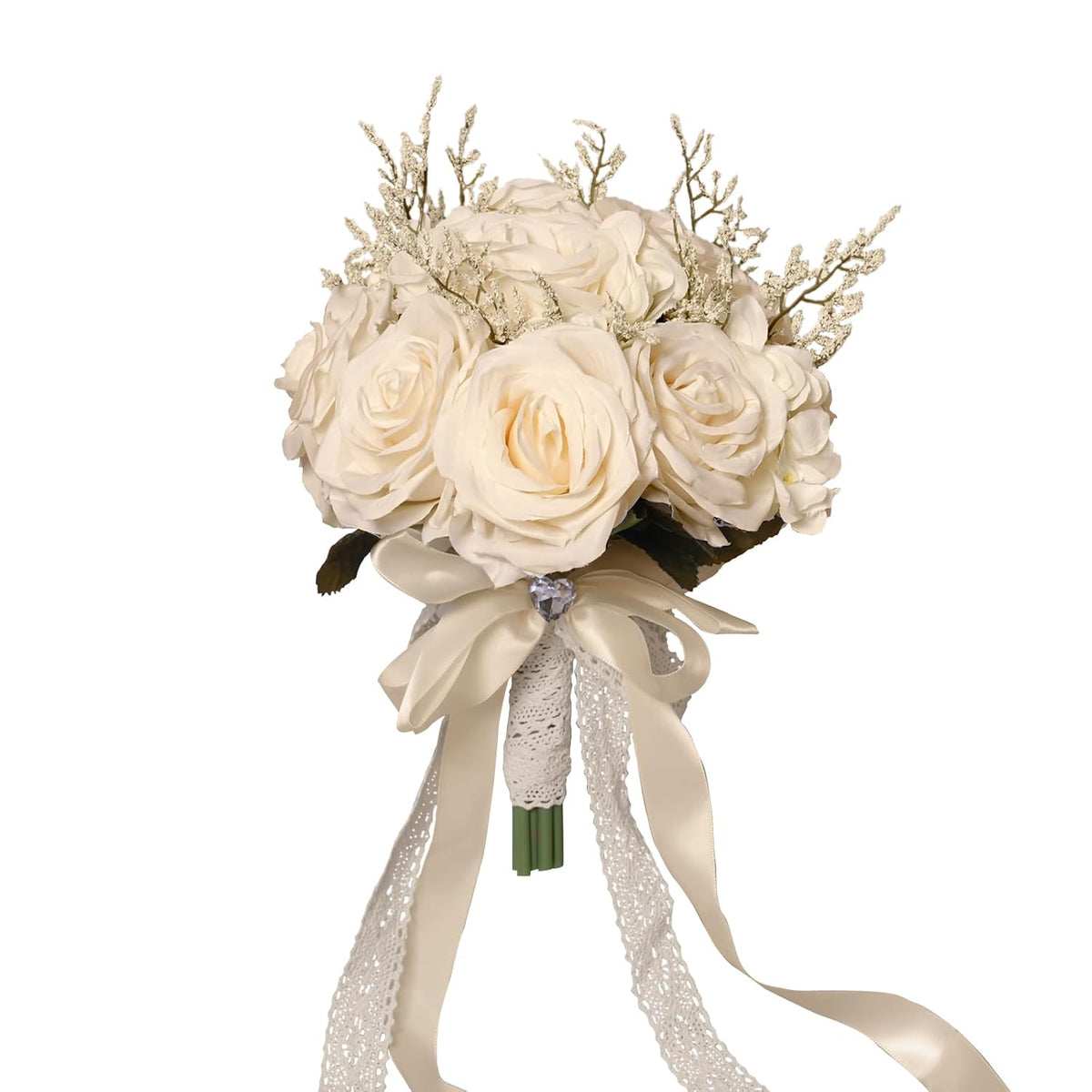 Wedding Bouquets For Bride, Champagne White Bridal Bridesmaid Wedding Flowers, Artificial Toss Rose For Civil Ceremony (Hollow Lace Ribbon Handle)