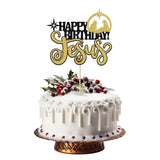1Pcs Happy Birthday Cake Topper Glitter Black-Gold Jesus Birthday Cake Pick Merry Christmas Cake Decorations For Nativity Scene Christmas Birthday Party Supplies