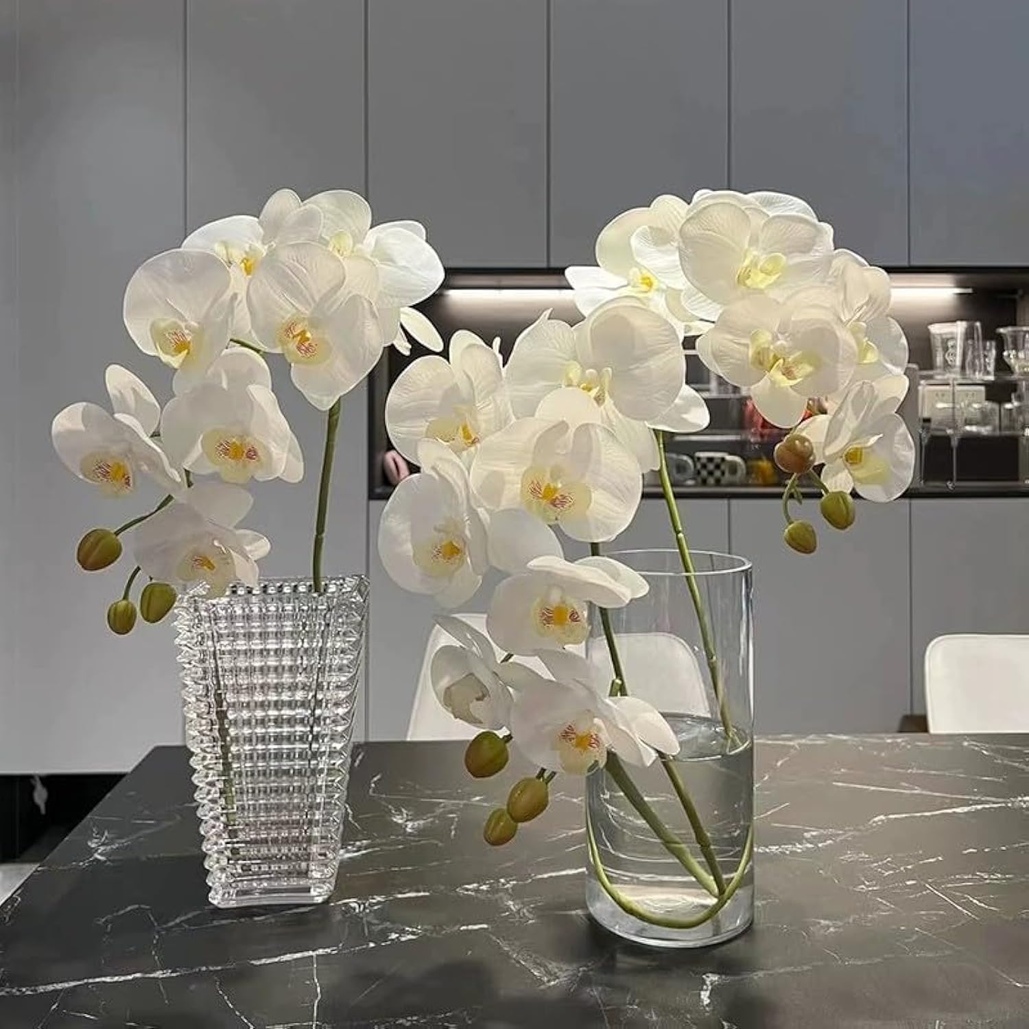 6 Pcs Artificial Orchids Stems 27" Tall 9 Heads Artificial Phalaenopsis Flowers Real Touch Orchids Flowers For Home Wedding Indoor Outdoor Vase Décor (White)